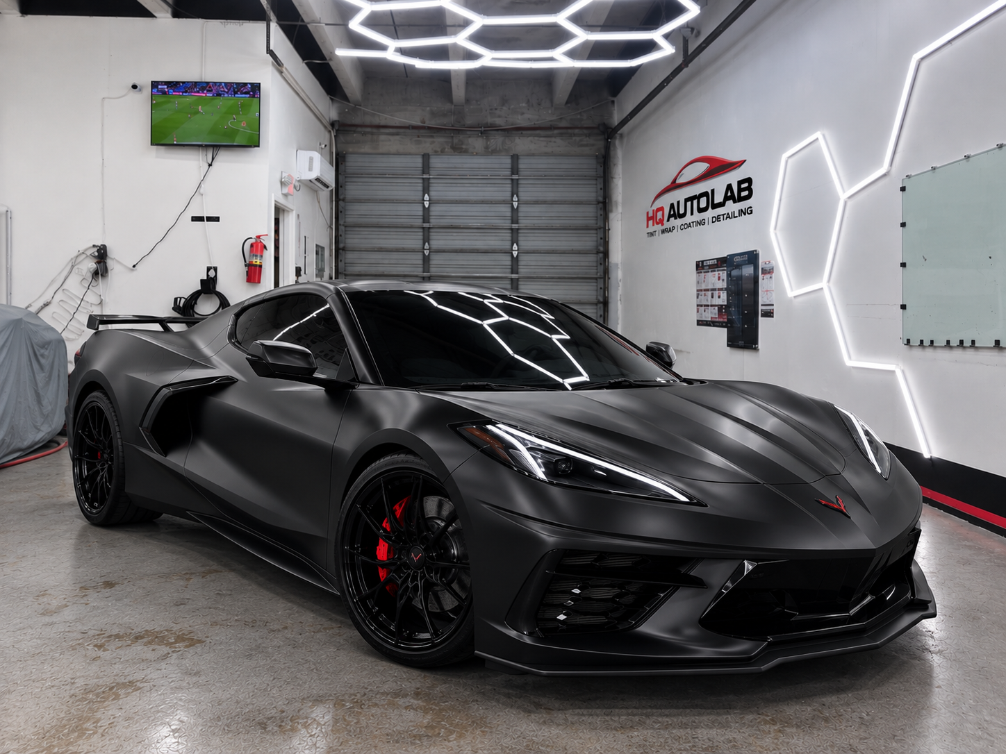 Satin black Corvette vehicle wrap by HQ Auto Lab